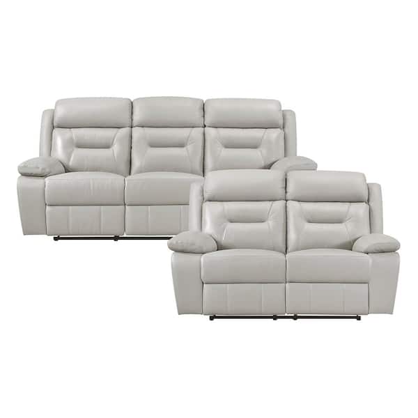 Lazzara Emillia 87 in. W. Pillow Top Arm Leather Rectangle 2-Piece Manual Reclining Sofa Set in Silver
