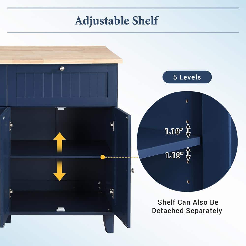 Blue Rubber Wood Drop Leaf Kitchen Island Set with Stools
