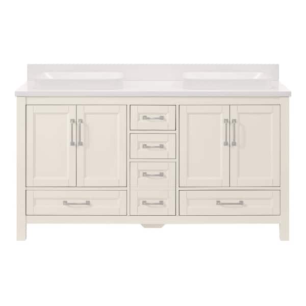 Bentworth 60 in. Double Semi-Recessed Sinks Warm White Bath Vanity with White Engineered Marble Top (Assembled)
