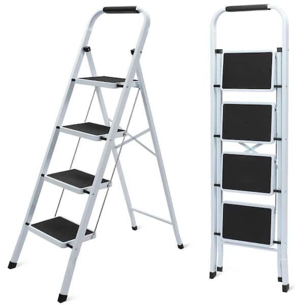 White 4 ft. Reach Height Four Step Foldable Non-Slip Metal Ladder for Home, Kitchen, Office, Loading 330 lbs.
