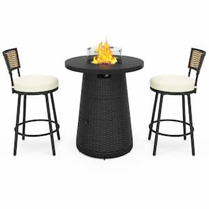 3-Piece Metal Patio Conversation Set w/Black Gas Bar Height Fire Pit Table and Swivel Chairs and Cushions and Wind Guard