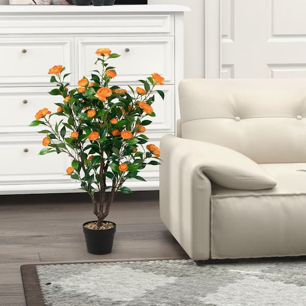 ANGELES HOME 40 in. Green and Yellow Indoor Outdoor Decorative Artificial Camellia Tree in Pot, Other Faux Fake Tree Plant