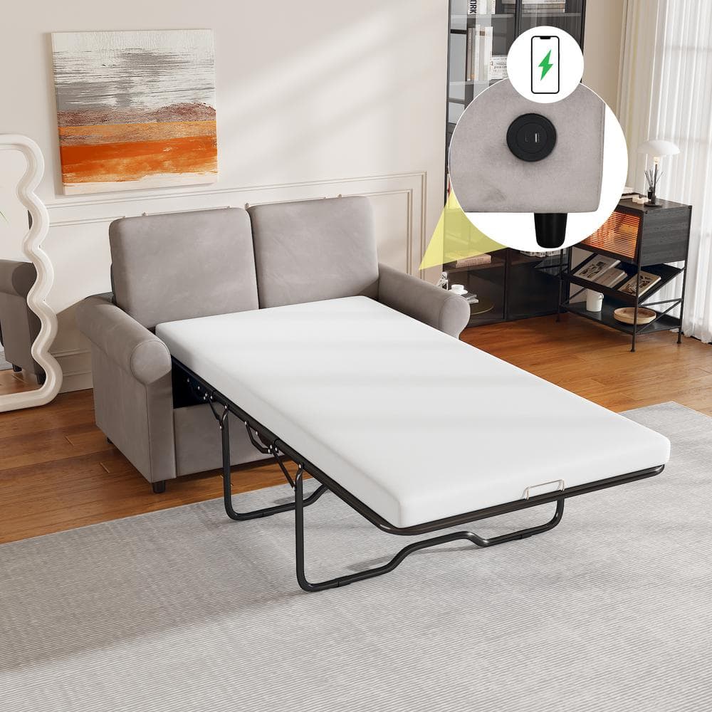 Nestfair 57.4 in. Light Gray Velvet 2 Seater Pull Out Sofa Bed with Twin Size Mattress Pad and 2 USB Ports SBOF8065M The Home Depot