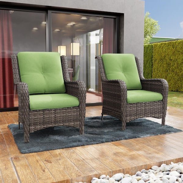 2-Piece Wicker Patio Outdoor Lounge Chair with Ergonomic Arm and Green Cushions