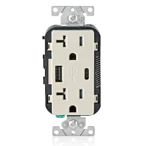 20 Amp Type A and Type-C USB Charger/Tamper Resistant Receptacle, Light Almond