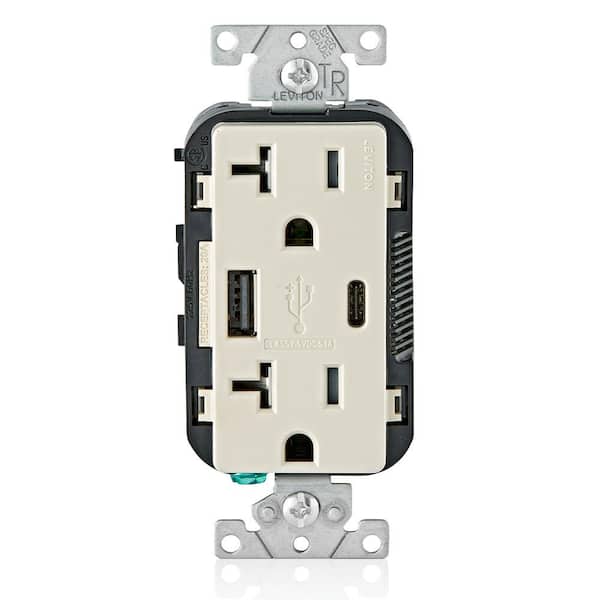 Leviton 20 Amp Type A and Type-C USB Charger/Tamper Resistant Receptacle, Light Almond T5833-T