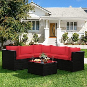 6-Piece Metal Patio Conversation Set for Outdoor with Red Cushions for 4-5 Person
