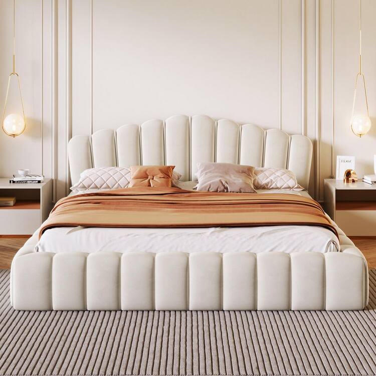 Seafuloy Velvet Upholstered Beige Wood Frame Queen Platform Bed with Shell-Shaped Headboard