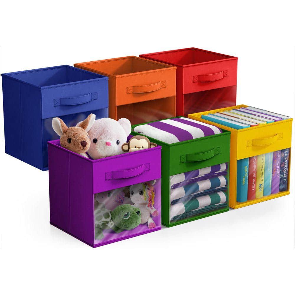 Foldable Storage Bins with Window and Handles, Multicolored 11 in. x 10.5 in. Fabric Decorative Basket (Set of 6)