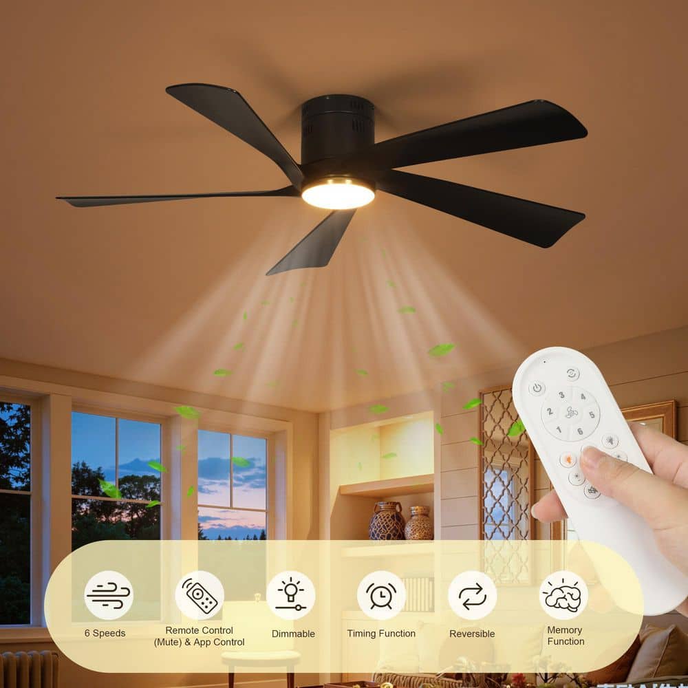 52 in. Smart Indoor Matte Black Color Changing Low Profile Standard Flush Mount Ceiling Fan with Bright White LED price history on PriceWatchPro