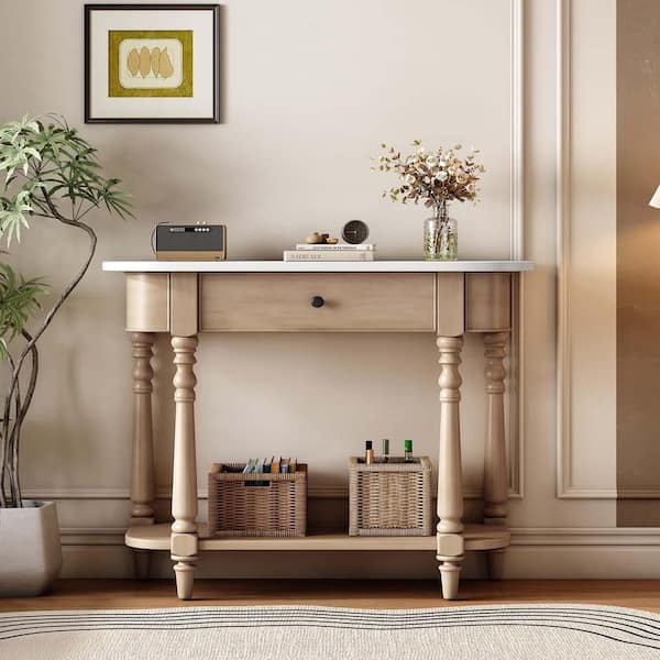 Unbranded 36 in. Beige Rectangle MDF Narrow Console Table with Curved Corner Entryway Table with White Table Top for Living Room