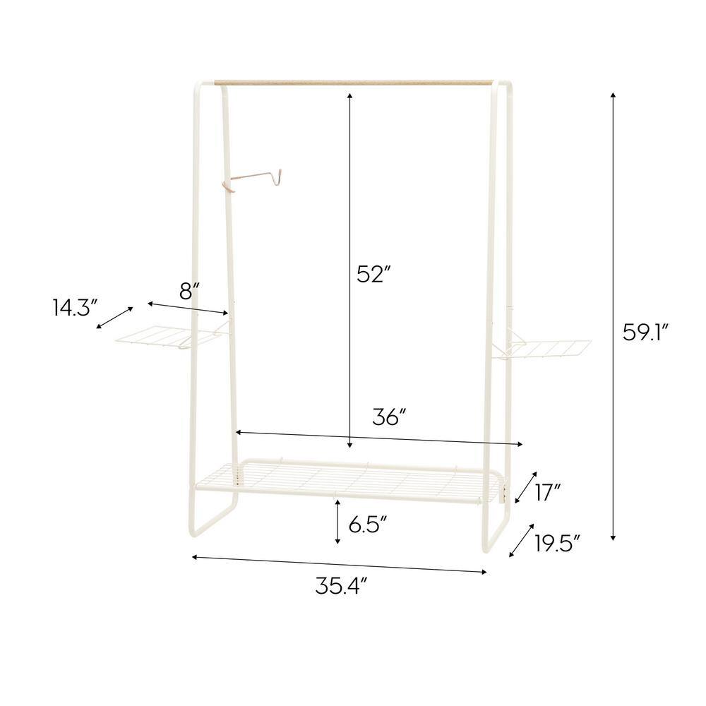 White Metal and Wood Freestanding Garment Rack with Shelves