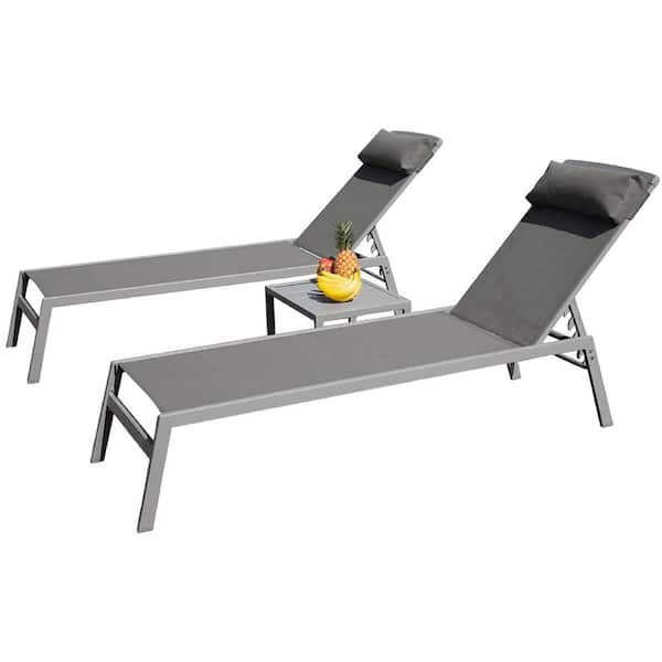 Unbranded 3-Piece Gray Aluminum Patio Chaise Lounge Set, Adjustable Recliner Chairs with Headrest, Coffee Table for Poolside