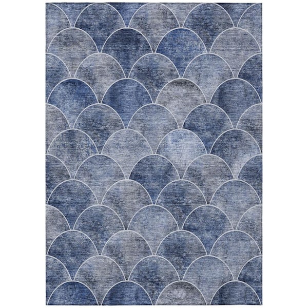 Denim Blue, Gray 5 ft. x 8 ft. Woven Abstract Polyester Rectangle Indoor / Outdoor Area Rug
