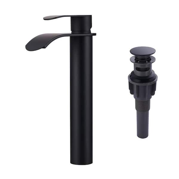 Single Handle Single Hole Tall Waterfall Bathroom Faucet with Pop Up Drain and Supply Lines in Matte Black