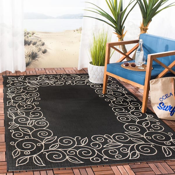 Courtyard Black/Beige 4 ft. x 6 ft. Floral Indoor/Outdoor Patio  Area Rug