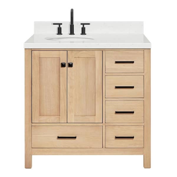 Cambridge 36 in. W x 22 in. D x 36 in. H Single Oval Sink Bath Vanity in Oak with Carrara White Quartz Top
