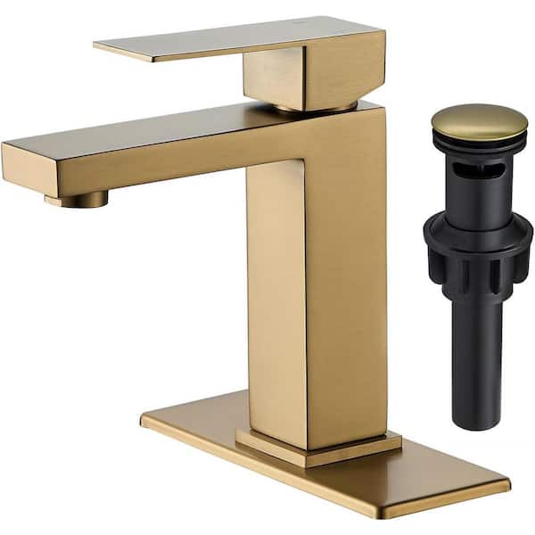 Single Handle Single Hole Bathroom Sink Faucet with Pop-up Drain and Supply Hoses Touch on in Brushed Gold