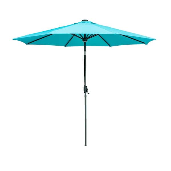 OVASTLKUY 10 ft. Outdoor Patio Market Umbrella with Solar LED Lighted in Blue