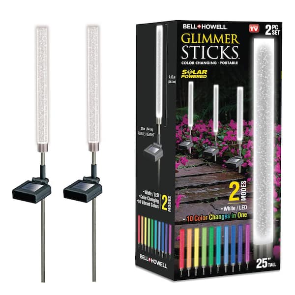 Bell + Howell Glimmer Sticks Solar Powered Clear Color Changing LED Path Light with Acrylic Tube with Silver Flakes (2-Pack)
