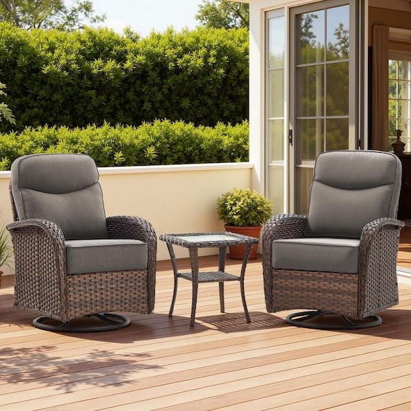 Luna Brown 3-Piece Wicker Swivel Glider Patio Conversation Set with 6 in. Thick Gray Cushions and Side Table