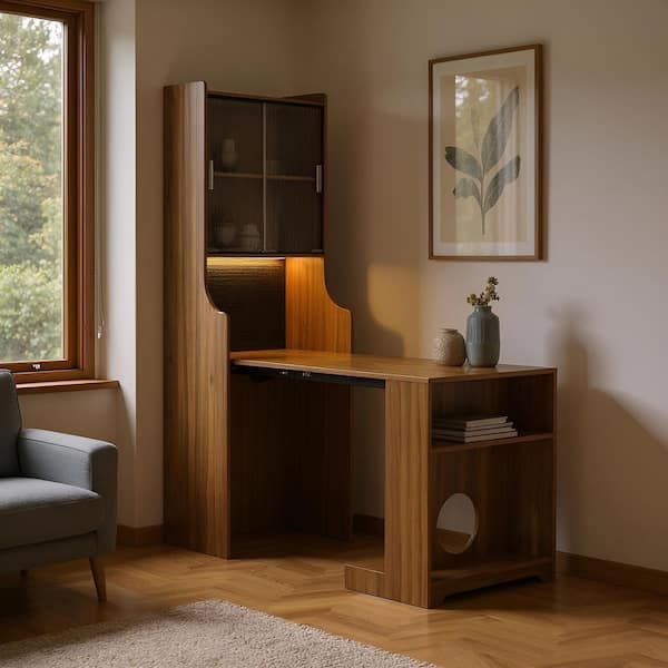 54.3 in. L-Shaped Foldable Brown Wooden Office Desk with Storage Cabinet, Space-Saving Pet-friendly Gaming Desk