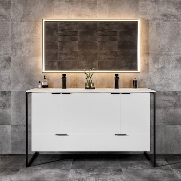 Eviva Onyx 48 in. Double Sink Floating White Bath Vanity with White Solid Surface Top (Assembled)