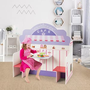 2-in-1 Kids Play Kitchen and Cafe Restaurant Wooden Pretend Cooking Playset Toy Pink