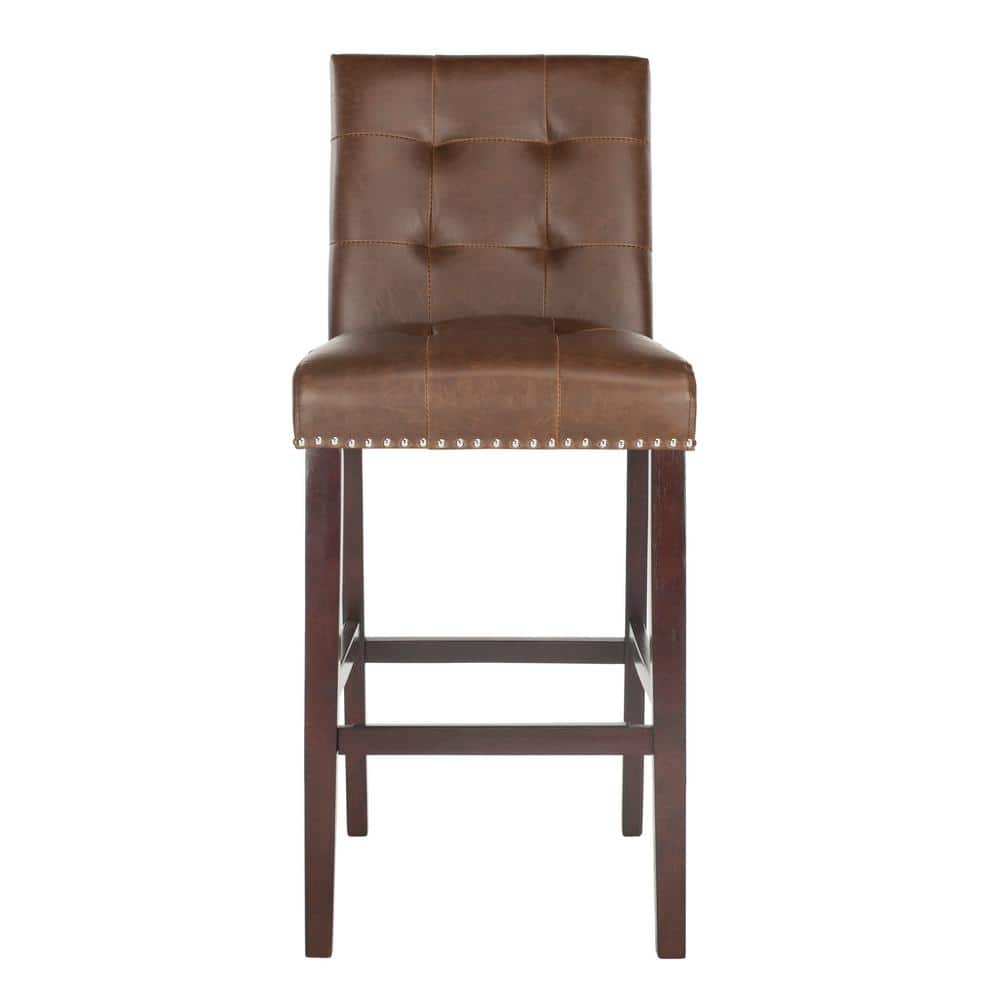 Nikita Brown Leather and Wood Bar Stools, Set of 2