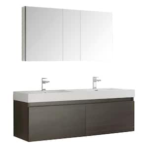 Mezzo 59 in. Vanity in Gray Oak with Acrylic Vanity Top in White with White Basins and Mirrored Medicine Cabinet