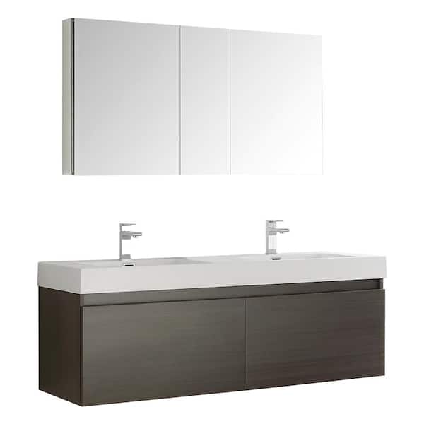 Fresca Mezzo 59 in. Vanity in Gray Oak with Acrylic Vanity Top in White with White Basins and Mirrored Medicine Cabinet