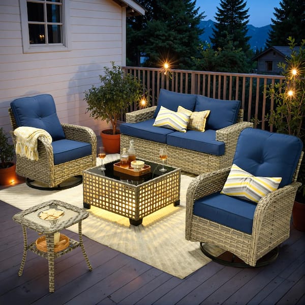 OVIOS Tiberte Gray 6-Piece Wicker Patio Conversation Seating Set with Navy Blue Cushions and Swivel Chairs