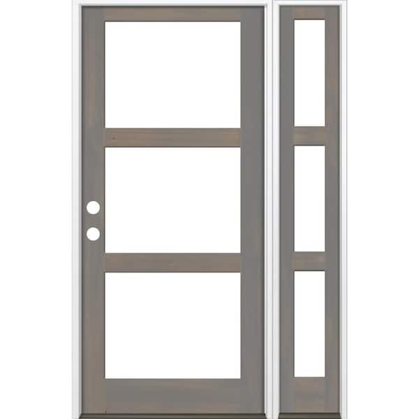 Krosswood Doors 56 in. x 96 in. Modern Hemlock Right-Hand/Inswing 3-Lite Clear Glass Grey Stain Wood Prehung Front Door with Sidelite