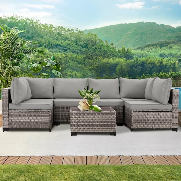 BOPOREA MEGO LLC 7-Piece Wicker Patio Conversation Set with Gray Cushion, Modular Outdoor Sectional Patio Furniture Set