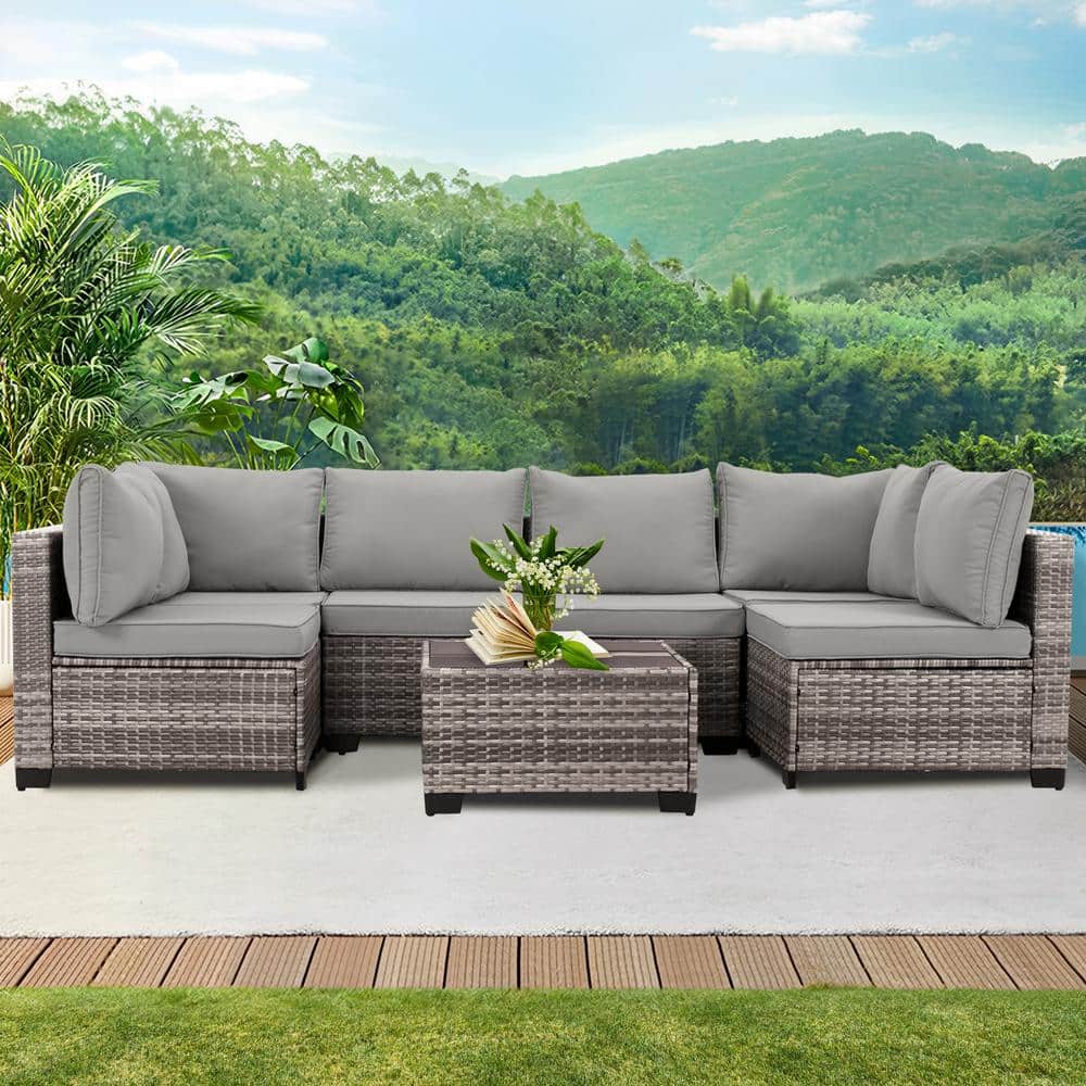 7-Piece Wicker Patio Conversation Set with Gray Cushion, Modular Outdoor Se