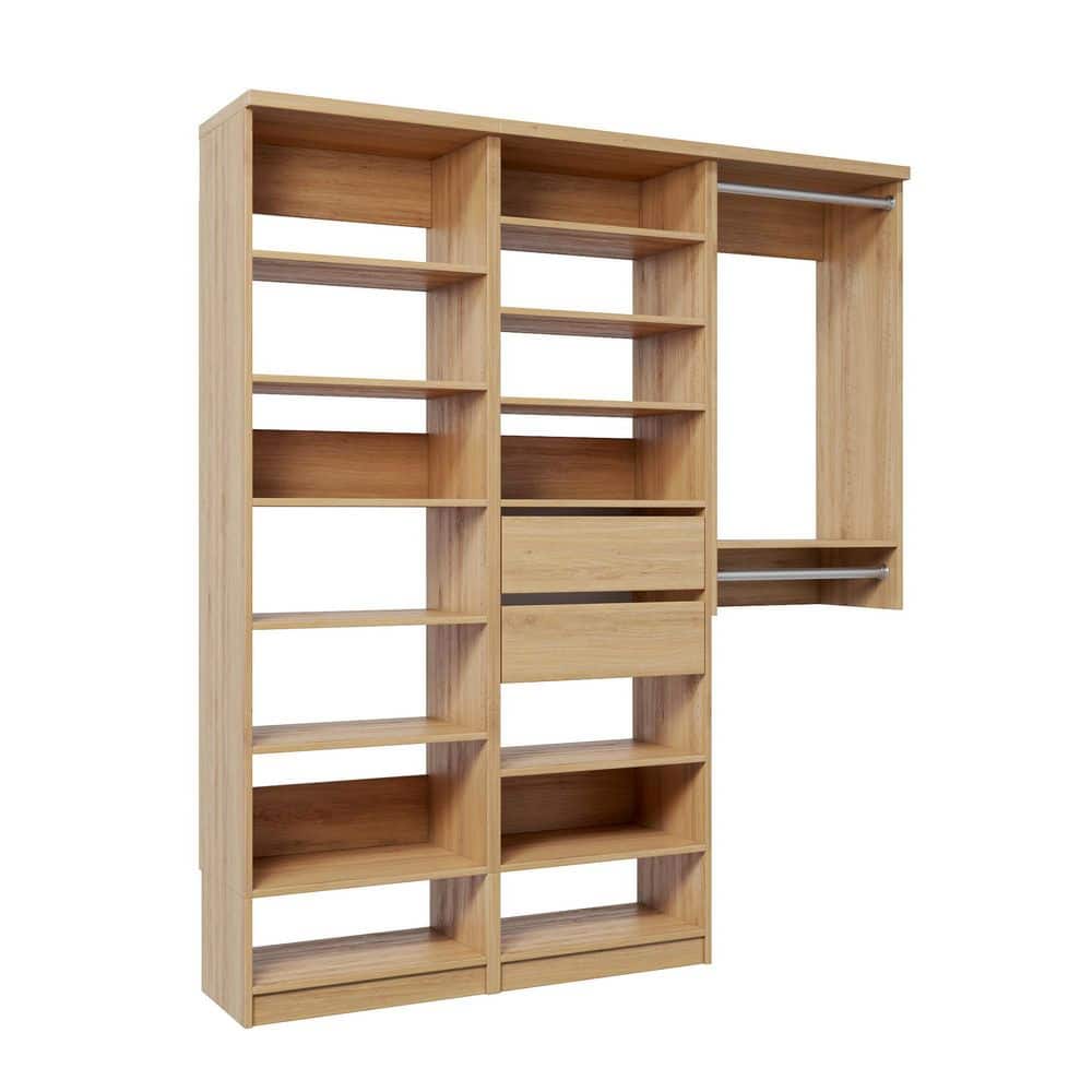 58.5 in. W Natural Oak Reach-in Floor-Mount 2-Rod 2-Reveal-Drawers 14-Shelf Wood Closet System