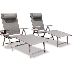Gray 2-Piece Metal Outdoor Folding Chaise Lounge Chair with Pillow