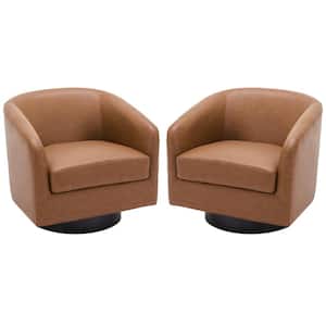 Modern Brown PU Leather Upholstered 360° Swivel Accent Armchair with Wood Base Set of 2