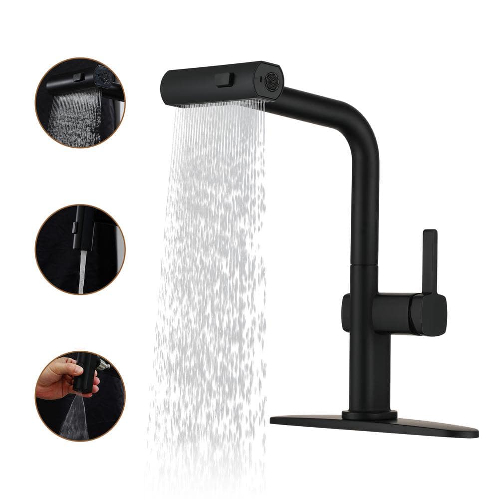 Single Handle Pull Out Sprayer Kitchen Faucet with 3 Functions Spray, 360° swivel Deckplate Included in Matte Black -  CASAINC, KCLT0060MB