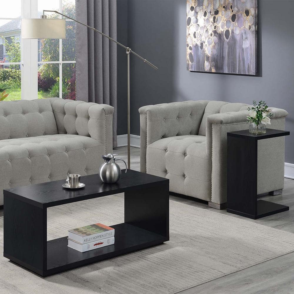 Black Rectangular Wood C-Shaped End Table