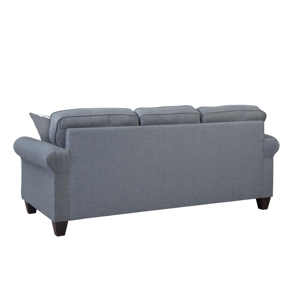 Classic Cottage Blue Fabric Sofa with Rolled Arms and Pillows