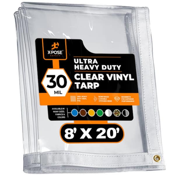 8 ft. W x 20 ft. L Clear Vinyl Tarp Super Heavy Duty 30 Mil Transparent Waterproof PVC Tarpaulin with Brass Grommets
