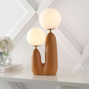 Oda 17.75 in. 2-Light Modern Bohemian Resin/Iron/Frosted Glass Danish Cactus LED Table Lamp, Brown Wood Finish