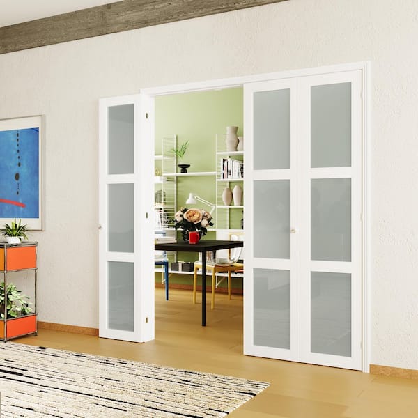 72 in. x 80 in. 3-Lite, Frosted Glass, Solid Core, MDF, PVC Covering Compack 180 Bi-Fold Door with Hardware Kits
