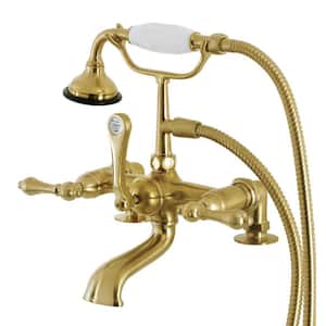 Aqua Vintage 3-Handle Deck-Mount Clawfoot Tub Faucets with Hand Shower in Brushed Brass