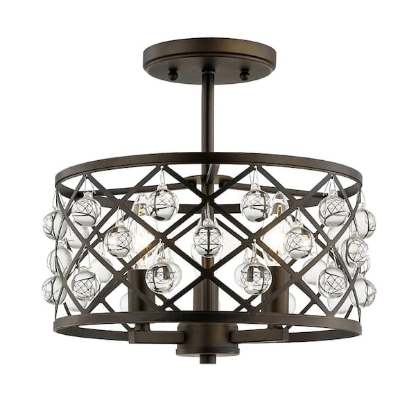 Home Decorators Collection Pennington Crest 13 in. 3-Light Aged Bronze Semi Flush Mount with Crystal Globes