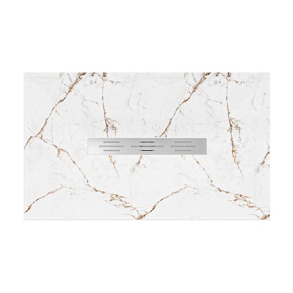 60 in. L x 36 in. W Alcove Shower Pan Base SMC Composite Base with Stainless Steel Center Drain in Calacatta Oro