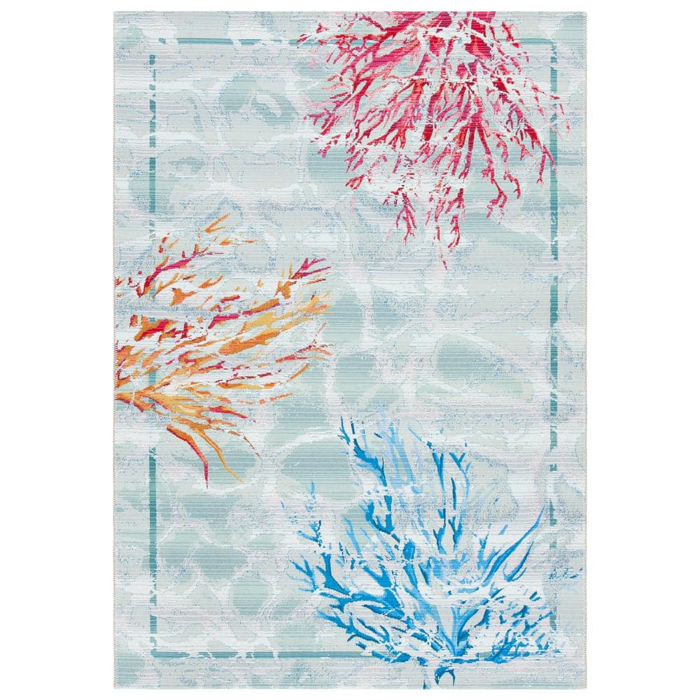 Teal and White Tropical Coral Design Synthetic 4' x 6' Area Rug