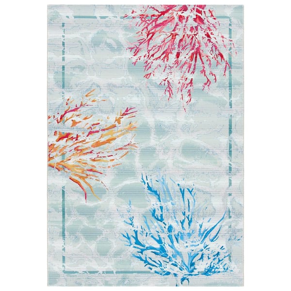 Barbados Teal/White 8 ft. x 10 ft. Border Nautical Indoor/Outdoor Patio  Area Rug