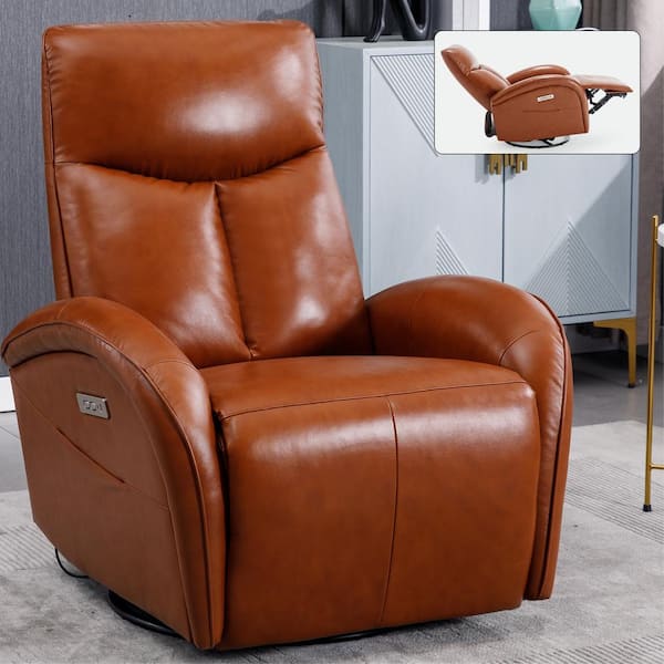 LUCKY ONE Brown Genuine Leather Swivel Rocker Recliner with USB and Type-C Ports